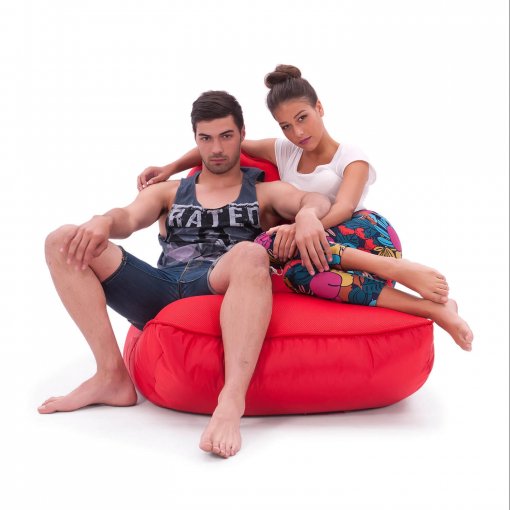 Air mesh bean bag in street cred red carried front view with two models
