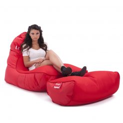 Air mesh bean bag in street cred red carried front 34 view with model