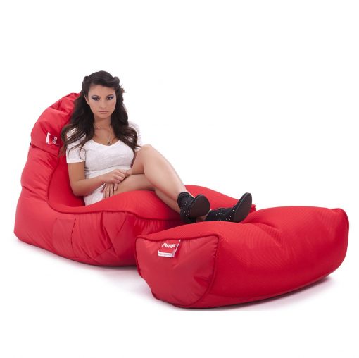 Air mesh bean bag in street cred red carried front 34 view with model