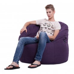 aubergine dream butterfly bean bag with model on side view