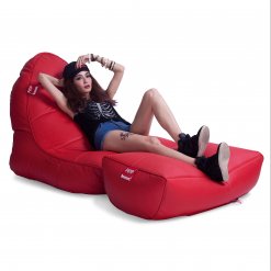 Bonded PU Leather bean bag set in totally well red 34 view with model