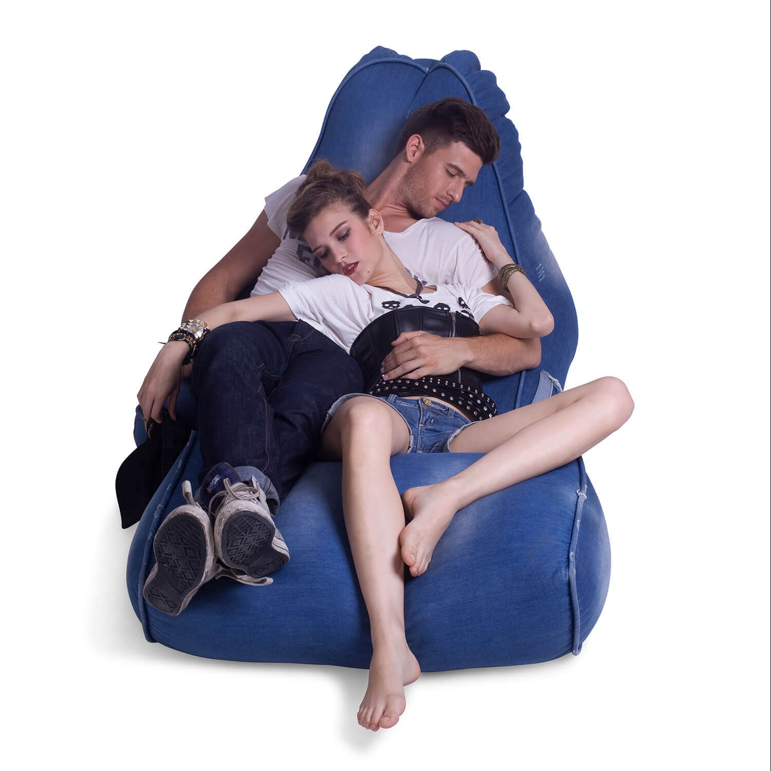 Denim Jeanious bean bag set front view with two models