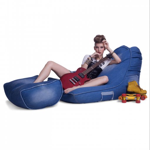 Denim Jeanious bean bag set side view with model