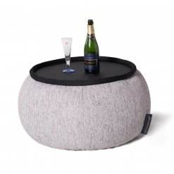 Versa table designer bean bag table in tundra spring fabric with drinks on top
